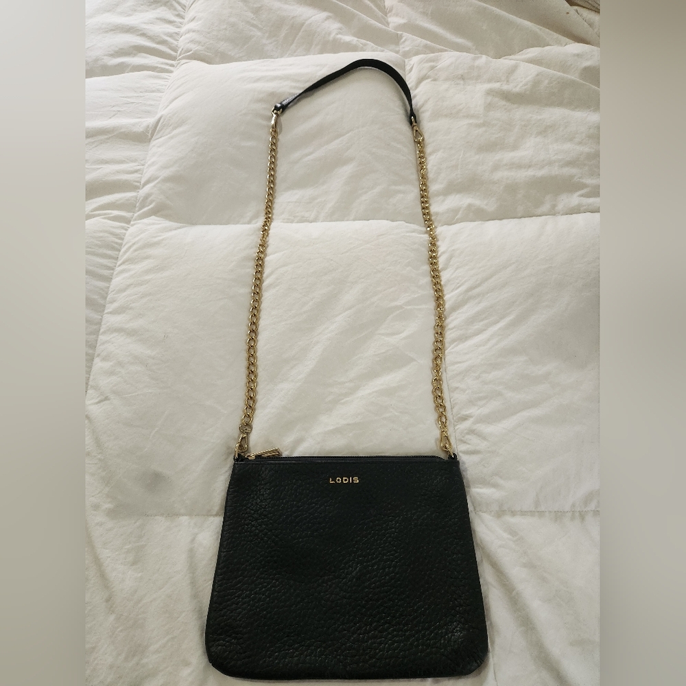 Lodis Emily 5-in-1 Convertible Crossbody Bag Black Pebbled Leather Gold Chain